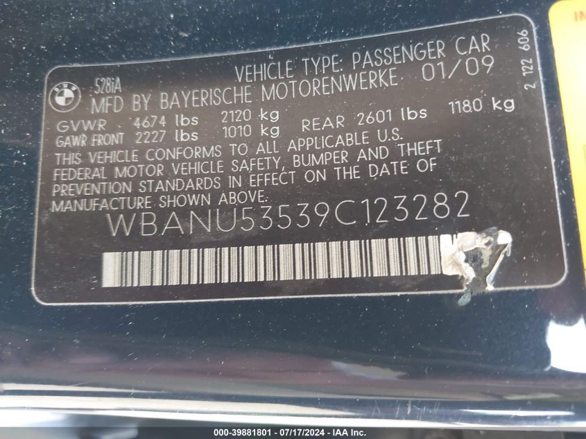 2009 BMW 528I VIN: WBANU53539C123282 Lot: 39881801