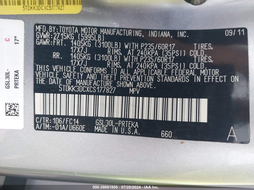 2012 Toyota Sienna Le V6 8 Passenger VIN: 5TDKK3DCXCS177827 Lot: 39881805