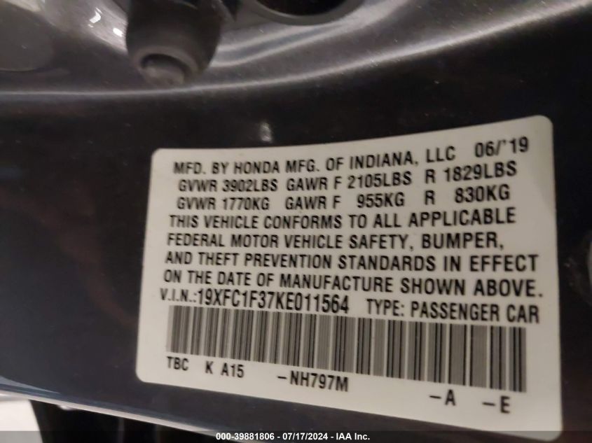 2019 Honda Civic Ex VIN: 19XFC1F37KE011564 Lot: 39881806