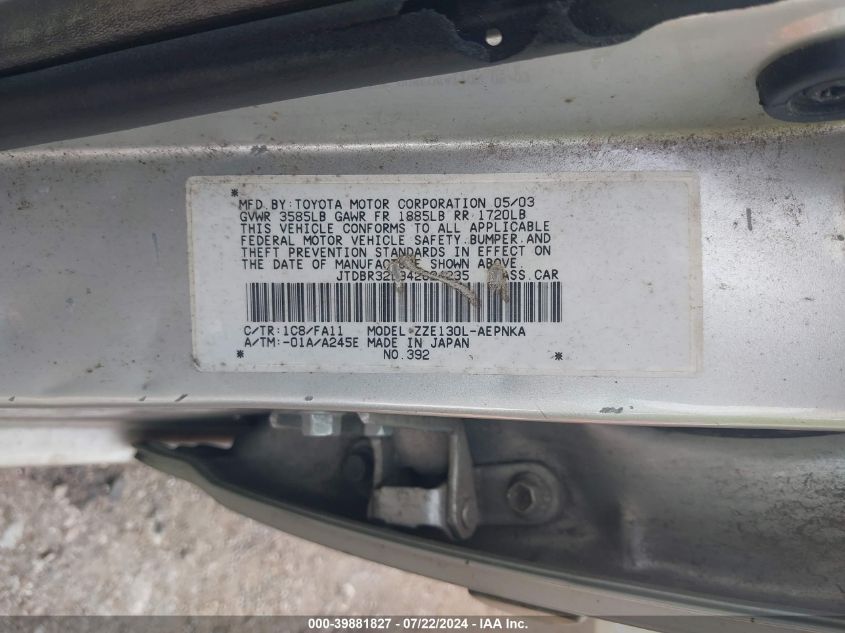 2004 Toyota Corolla Le VIN: JTDBR32E942024235 Lot: 39881827