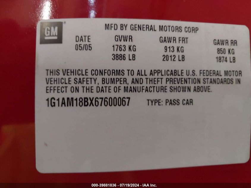 2006 Chevrolet Cobalt Ss VIN: 1G1AM18BX67600067 Lot: 39881836