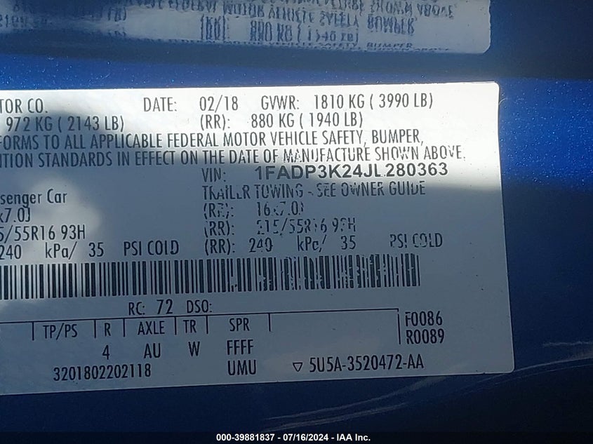 VIN 1FADP3K24JL280363 2018 FORD FOCUS SE