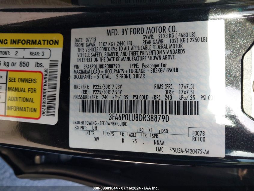 2013 Ford Fusion Hybrid Se VIN: 3FA6P0LU8DR388790 Lot: 39881844