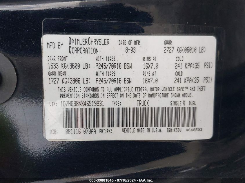 2004 Dodge Dakota Sport/Sxt VIN: 1D7HG38NX4S519931 Lot: 39881845