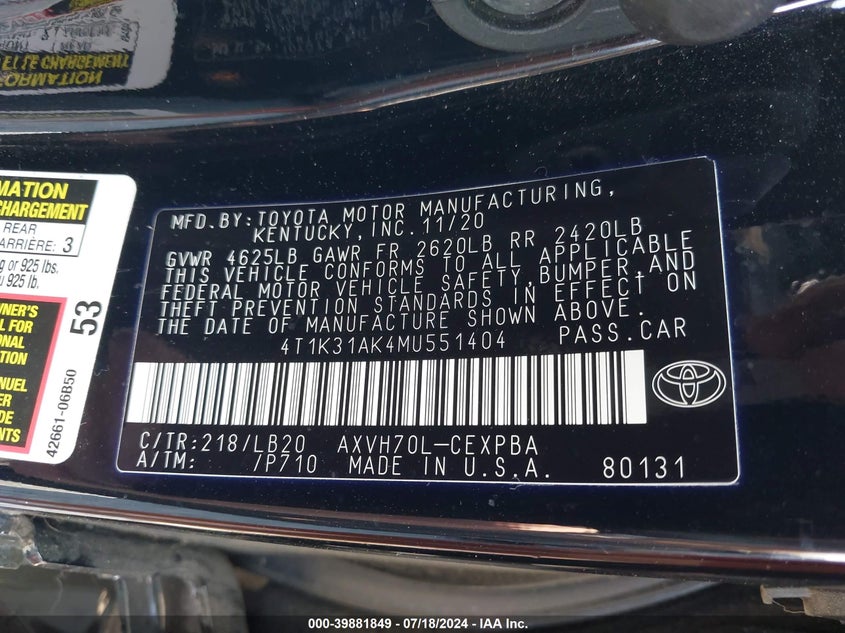 2021 TOYOTA CAMRY XSE HYBRID - 4T1K31AK4MU551404
