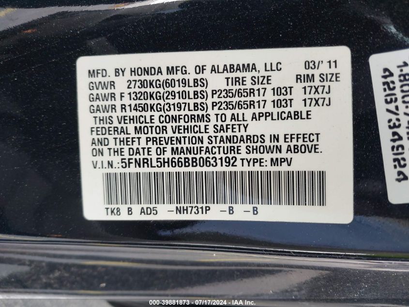 2011 Honda Odyssey Ex-L VIN: 5FNRL5H66BB063192 Lot: 39881873