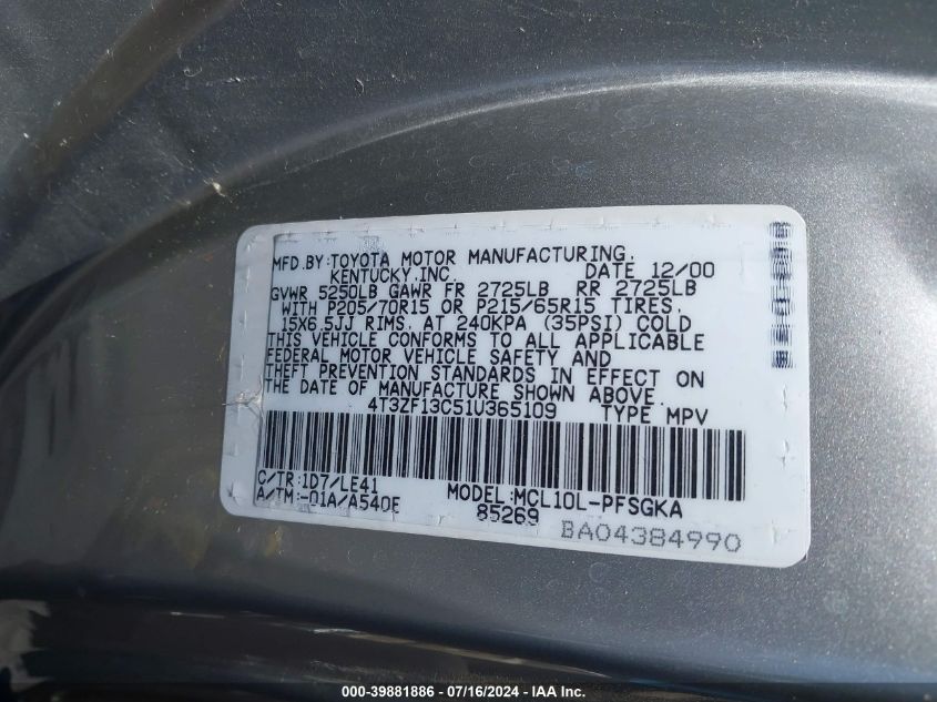 2001 Toyota Sienna Xle VIN: 4T3ZF13C51U365109 Lot: 39881886