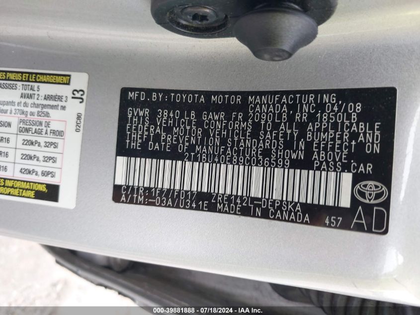 2009 Toyota Corolla S VIN: 2T1BU40E89C036599 Lot: 39881888