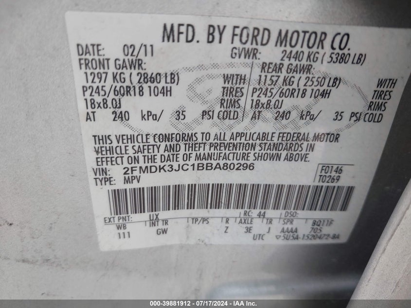 2011 Ford Edge Sel VIN: 2FMDK3JC1BBA80296 Lot: 39881912