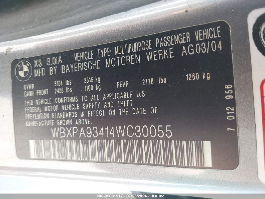 2004 BMW X3 3.0I VIN: WBXPA93414WC30055 Lot: 39881917
