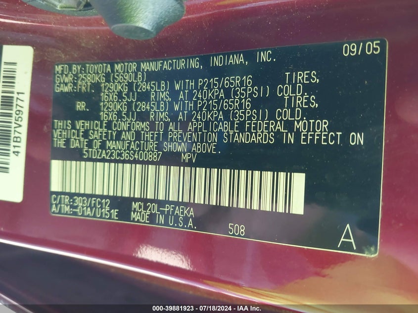 2006 Toyota Sienna Le VIN: 5TDZA23C36S400887 Lot: 39881923