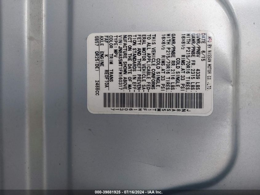 2015 Nissan Rogue Select S VIN: JN8AS5MT1FW160317 Lot: 39881925