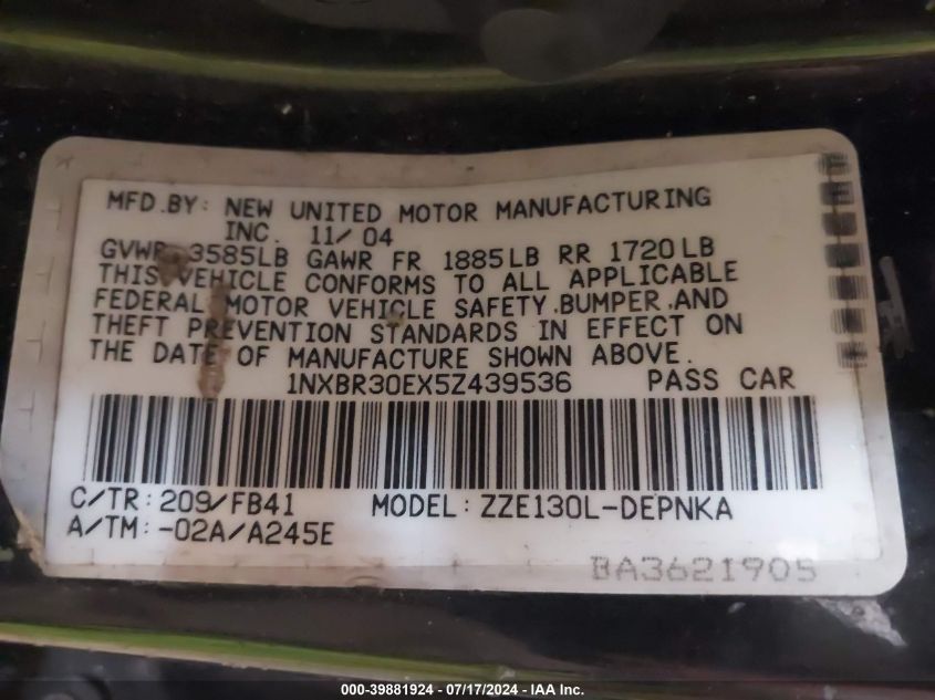 2005 Toyota Corolla Le VIN: 1NXBR30EX5Z439536 Lot: 39881924