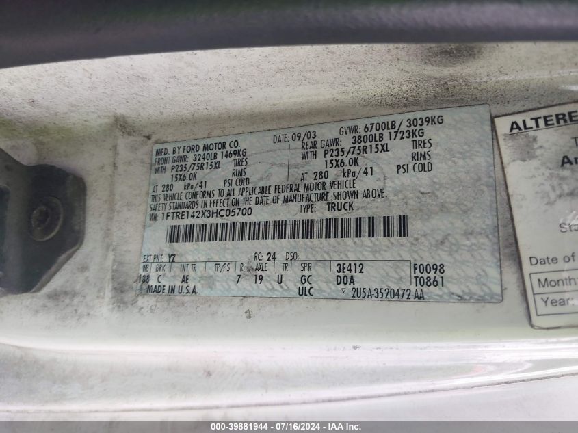 2003 Ford E-150 Commercial VIN: 1FTRE142X3HC05700 Lot: 39881944