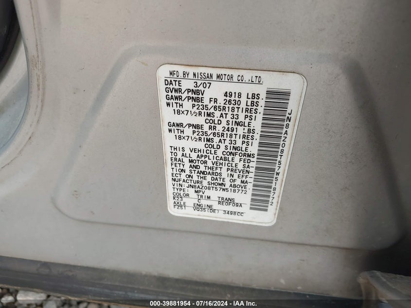 2007 Nissan Murano Sl VIN: JN8AZ08T57W518772 Lot: 39881954