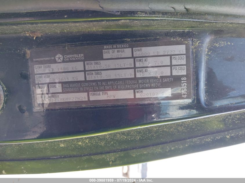 1989 Dodge Ramcharger Aw-100 VIN: 3B4GM17Y9KM927824 Lot: 39881959