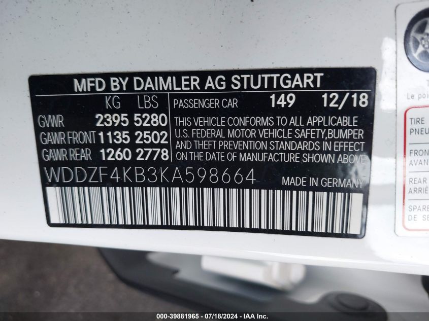 2019 Mercedes-Benz E 300 4Matic VIN: WDDZF4KB3KA598664 Lot: 39881965