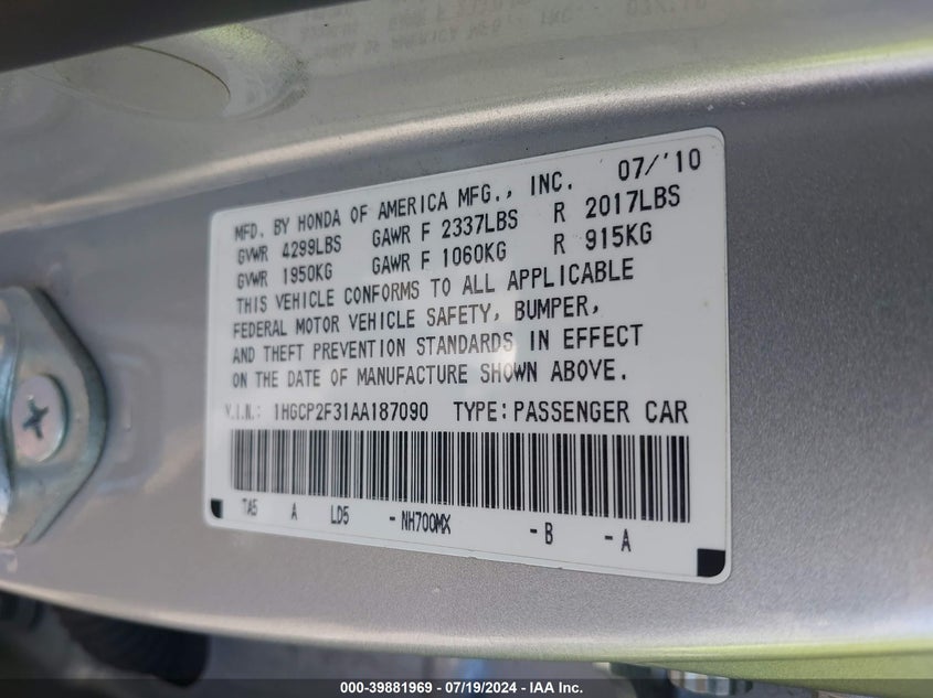 2010 Honda Accord Lx VIN: 1HGCP2F31AA187090 Lot: 39881969