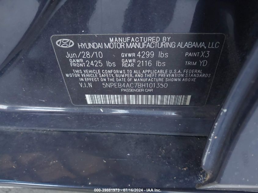 2011 Hyundai Sonata Gls VIN: 5NPEB4AC7BH101350 Lot: 39881973