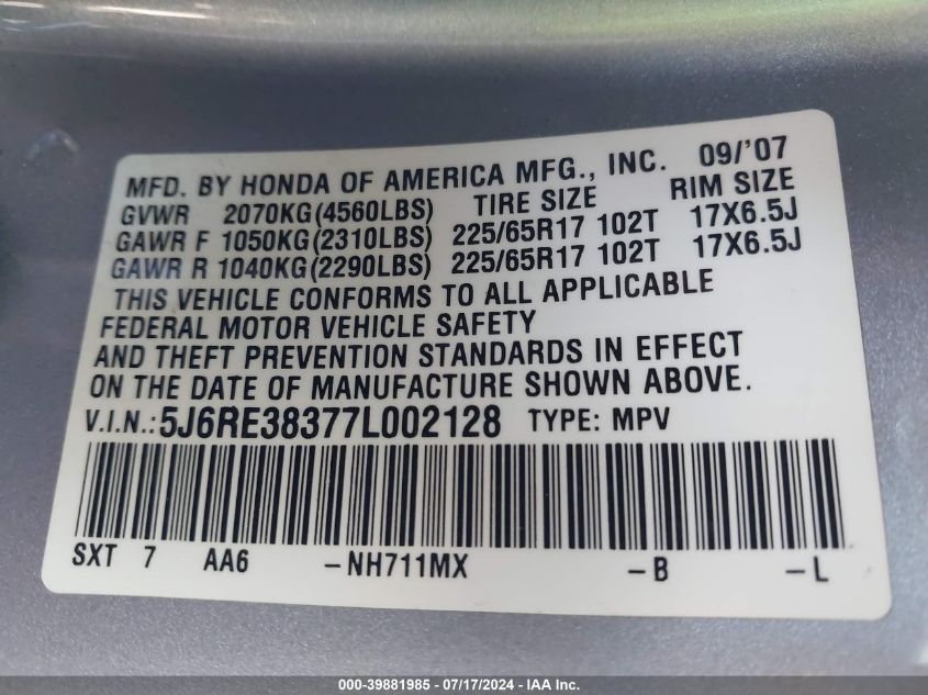 2007 Honda Cr-V Lx VIN: 5J6RE38377L002128 Lot: 39881985