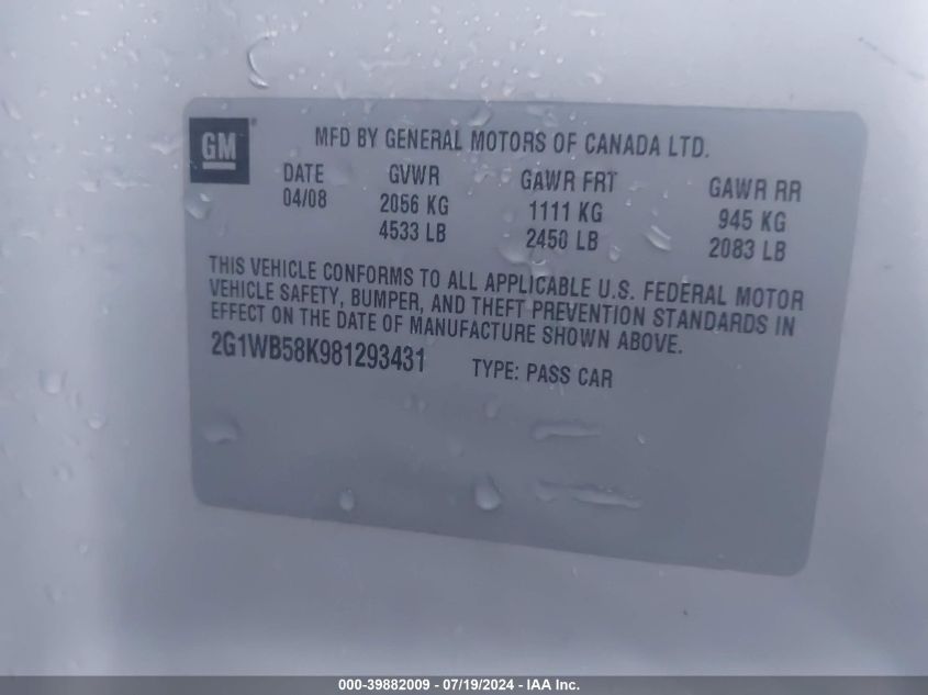 2008 Chevrolet Impala Ls VIN: 2G1WB58K981293431 Lot: 39882009