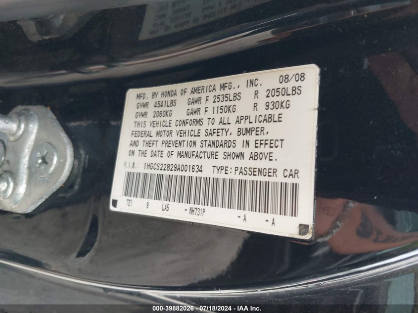 2009 Honda Accord 3.5 Ex-L VIN: 1HGCS22829A001634 Lot: 39882026