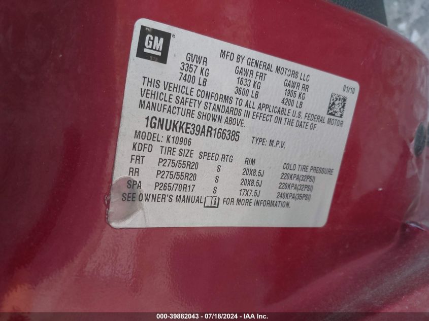 2010 Chevrolet Suburban 1500 Ltz VIN: 1GNUKKE39AR166385 Lot: 39882043