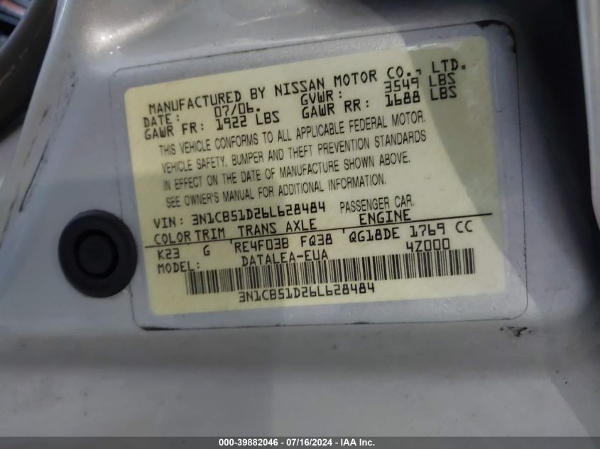 2006 Nissan Sentra 1.8S VIN: 3N1CB51D26L628484 Lot: 39882046