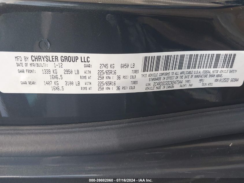 2012 Dodge Grand Caravan Sxt VIN: 2C4RDGCG5CR247344 Lot: 39882060