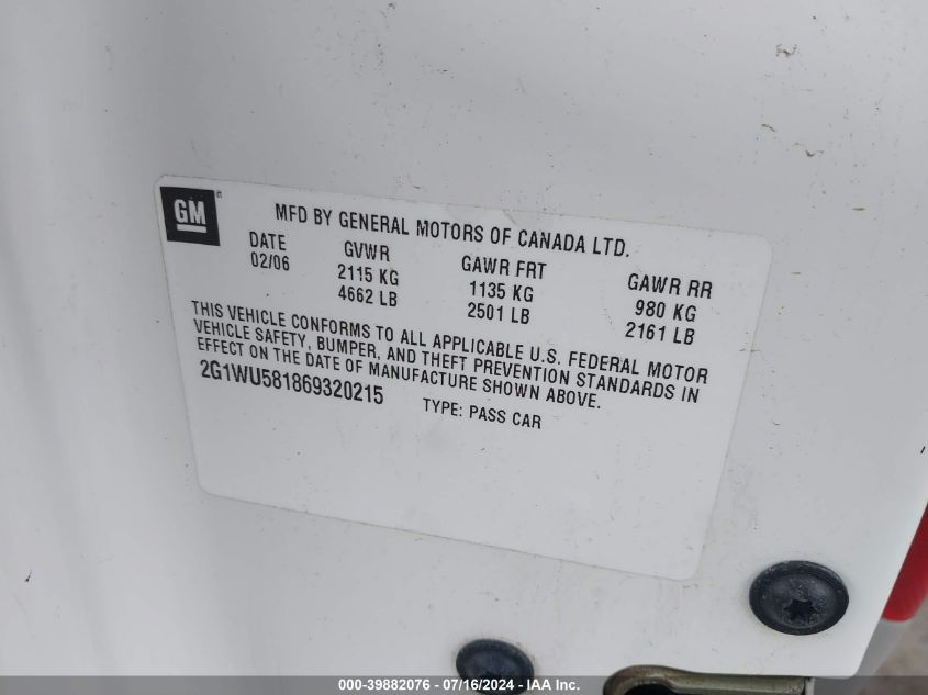 2006 Chevrolet Impala Ltz VIN: 2G1WU581869320215 Lot: 39882076