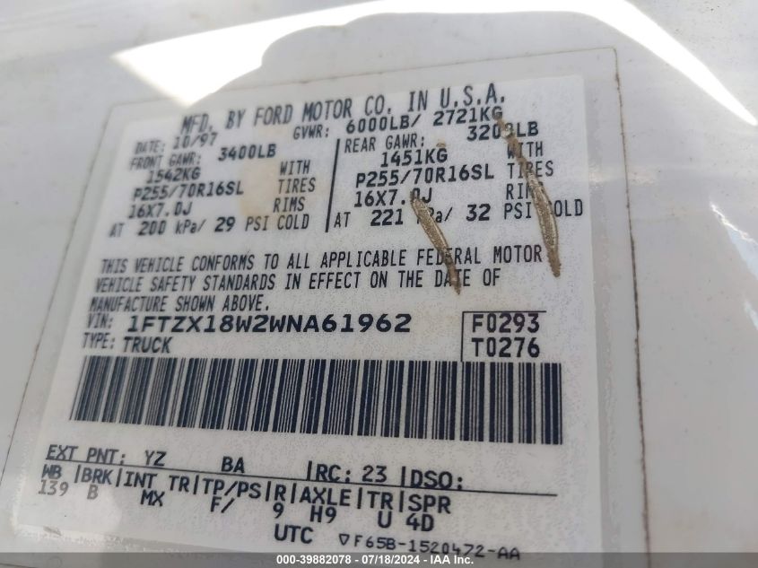 1998 Ford F-150 Lariat/Standard/Xl/Xlt VIN: 1FTZX18W2WNA61962 Lot: 39882078