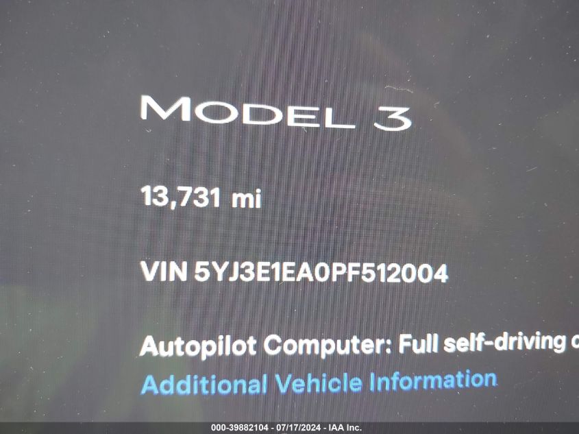 2023 Tesla Model 3 Rear-Wheel Drive VIN: 5YJ3E1EA0PF512004 Lot: 39882104