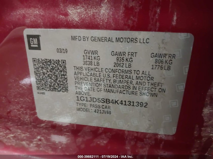 2019 CHEVROLET SONIC LT AUTO - 1G1JD5SB4K4131392