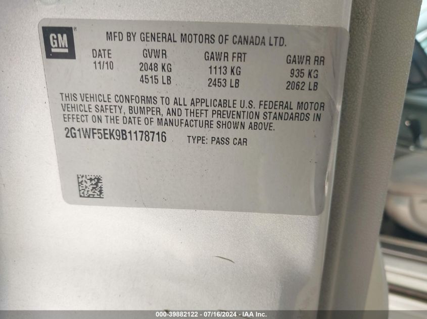 2011 Chevrolet Impala Ls VIN: 2G1WF5EK9B1178716 Lot: 39882122
