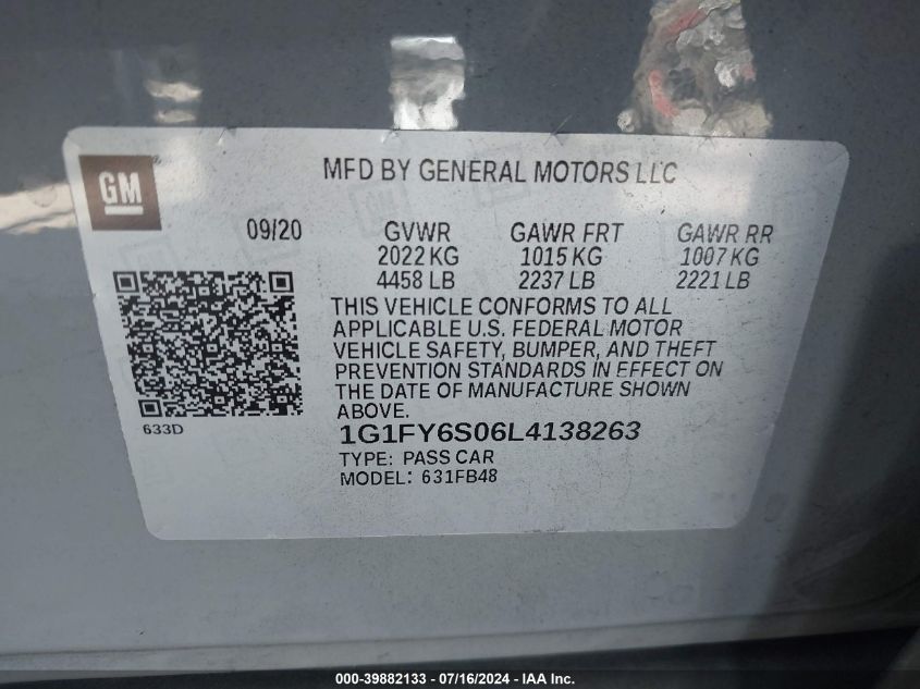 1G1FY6S06L4138263 2020 Chevrolet Bolt Ev Fwd Lt