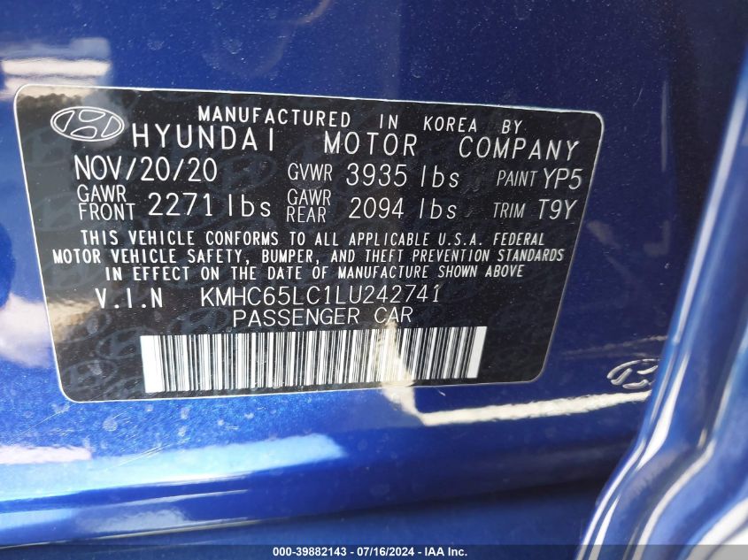 2020 Hyundai Ioniq Hybrid Blue VIN: KMHC65LC1LU242741 Lot: 39882143