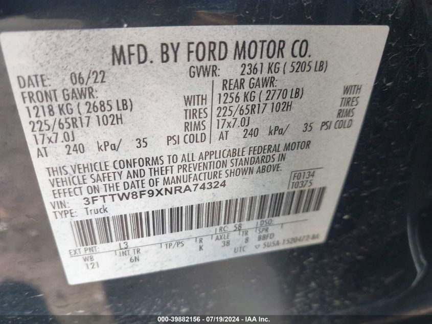 2022 Ford Maverick Lariat VIN: 3FTTW8F9XNRA74324 Lot: 39882156