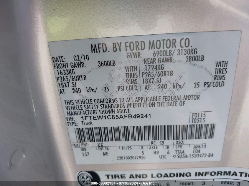 2010 Ford F-150 Fx2 Sport/Xl/Xlt VIN: 1FTEW1C85AFB49241 Lot: 39882157