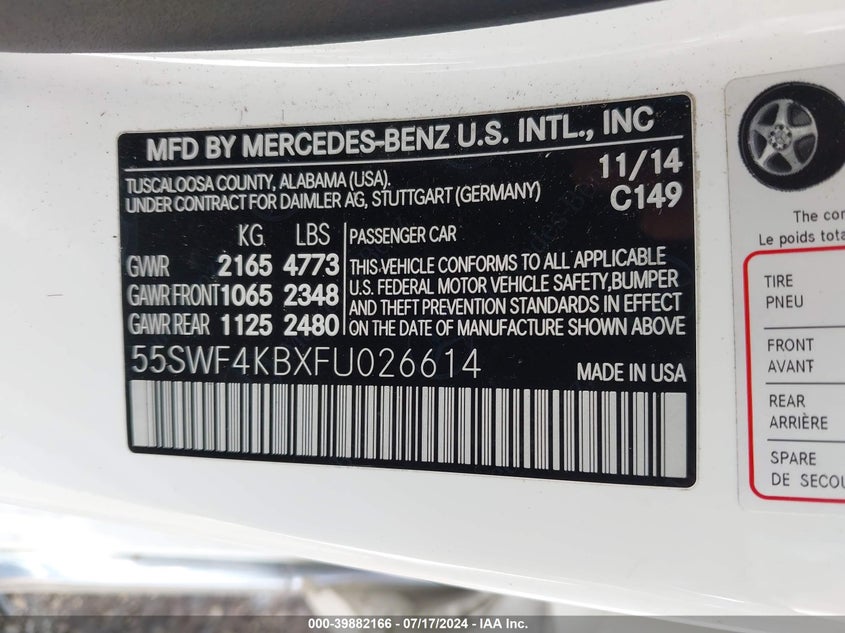 2015 Mercedes-Benz C 300 4Matic VIN: 55SWF4KBXFU026614 Lot: 39882166