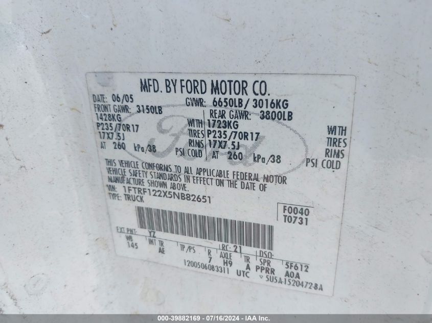 2005 Ford F-150 Stx/Xl/Xlt VIN: 1FTRF122X5NB82651 Lot: 39882169