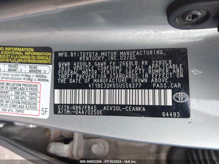 2005 Toyota Camry Le VIN: 4T1BE32K65U558277 Lot: 39882204