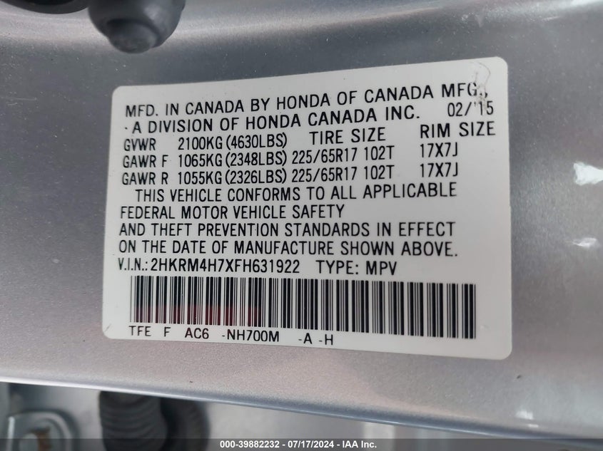 2015 Honda Cr-V Exl VIN: 2HKRM4H7XFH631922 Lot: 39882232