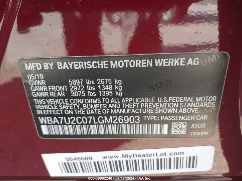 2020 BMW 750I xDrive VIN: WBA7U2C07LGM26903 Lot: 39882240