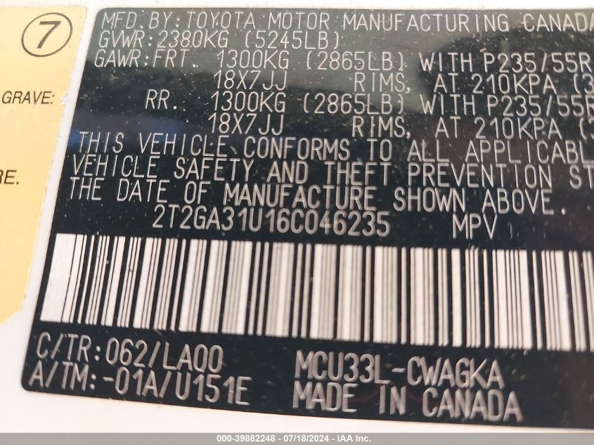 2006 Lexus Rx 330 VIN: 2T2GA31U16C046235 Lot: 39882248