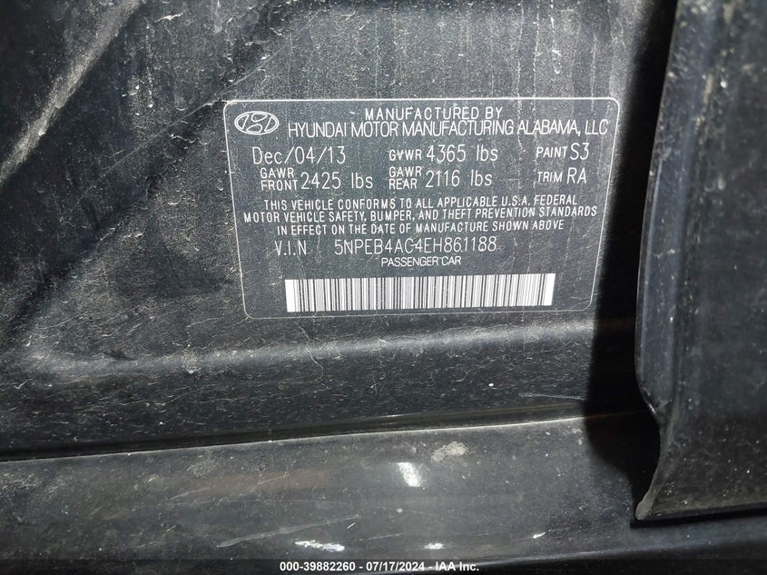 2014 Hyundai Sonata Gls VIN: 5NPEB4AC4EH861188 Lot: 39882260