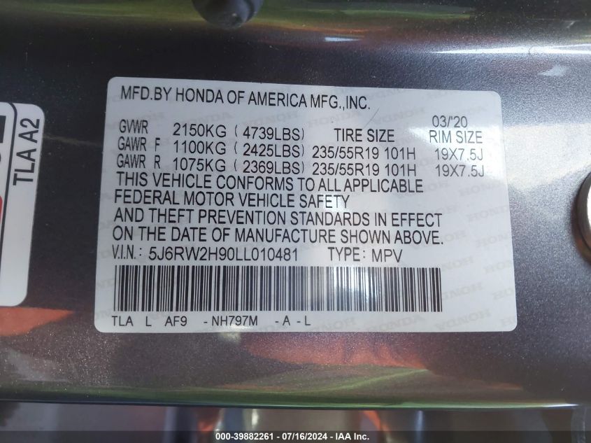 2020 Honda Cr-V Touring VIN: 5J6RW2H90LL010481 Lot: 39882261