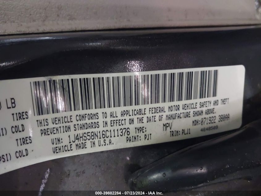 2006 Jeep Grand Cherokee Limited VIN: 1J4HS58N16C111376 Lot: 39882284