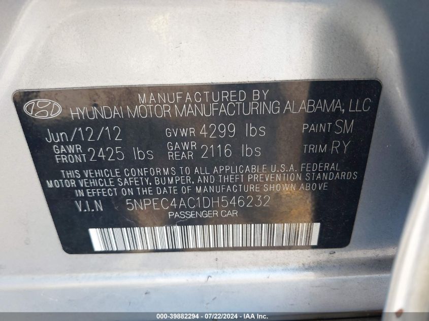 2013 Hyundai Sonata Limited VIN: 5NPEC4AC1DH546232 Lot: 39882294