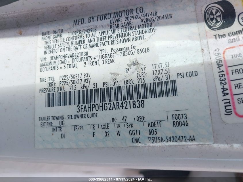 2010 Ford Fusion Se VIN: 3FAHP0HG2AR421838 Lot: 39882311