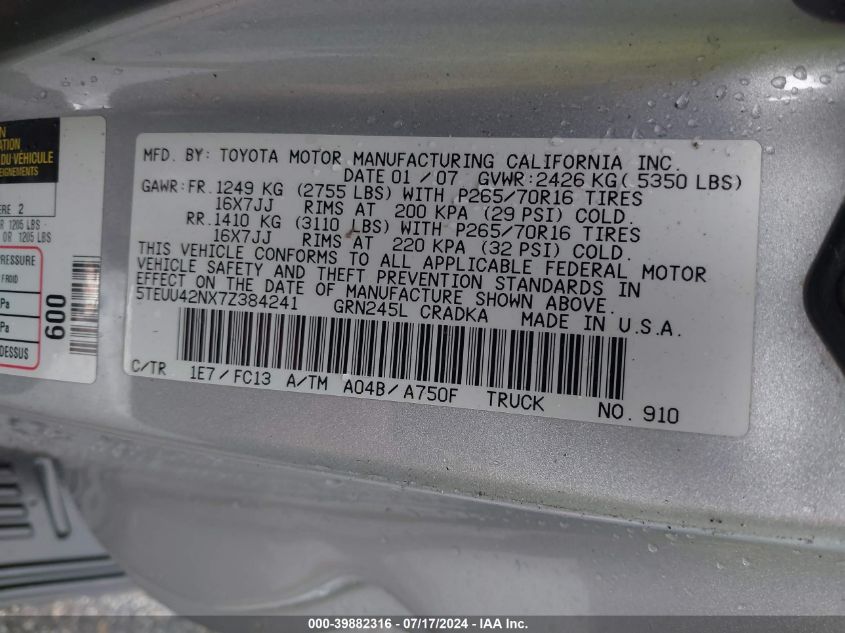 2007 Toyota Tacoma Access Cab VIN: 5TEUU42NX7Z384241 Lot: 39882316